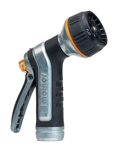 Emery Jensen gun hose nozzle with adjustable 7-pattern spray settings, durable brass construction, and ergonomic handle.