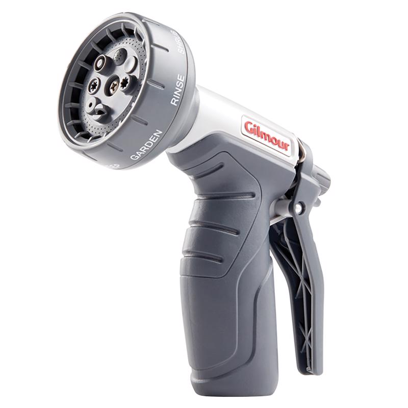 Emery Jensen gun hose nozzle in gray, 8-pattern spray setting, attached to a garden hose for watering and cleaning.
