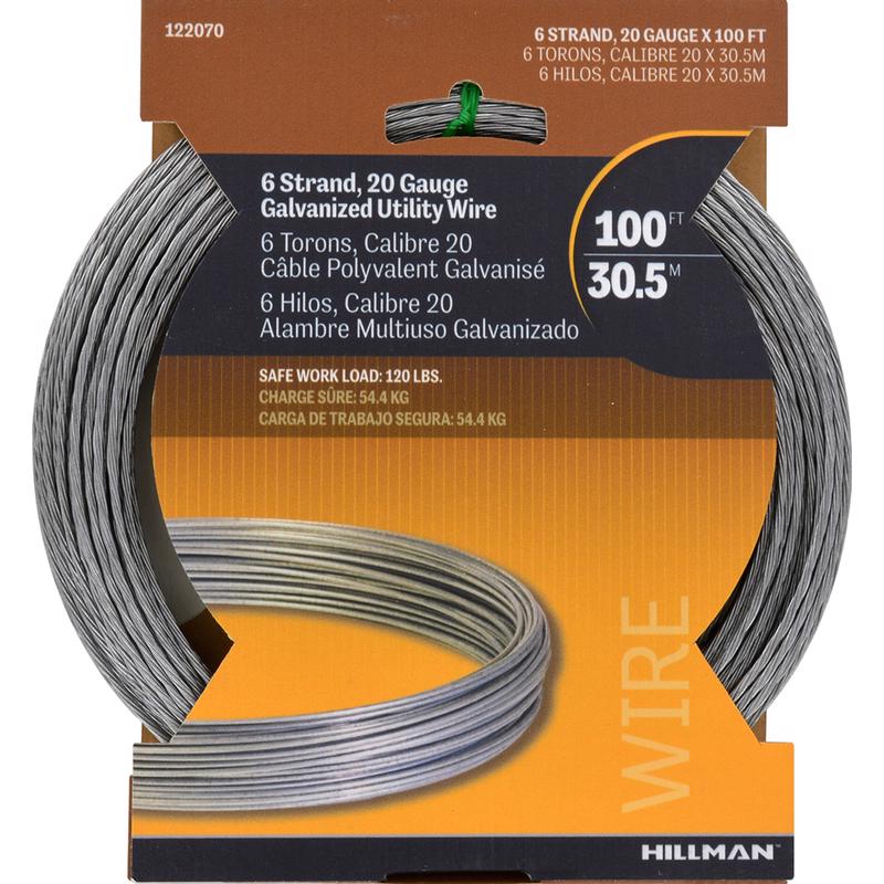 Emery Jensen 20-gauge guy wire, 100 feet long with 6 strands, used for supporting clotheslines or outdoor structures.