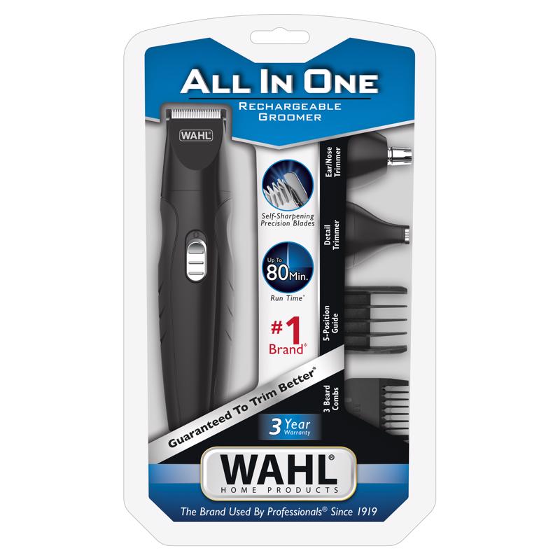 Emery Jensen All-in-1 beard grooming kit with hair clippers and trimmers, featuring various attachments for grooming needs.