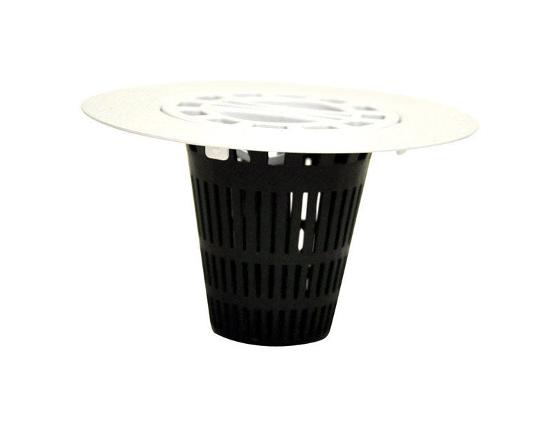 White Emery Jensen shower drain strainer for hair, made of durable material, fits standard bathroom drain for hair collection.