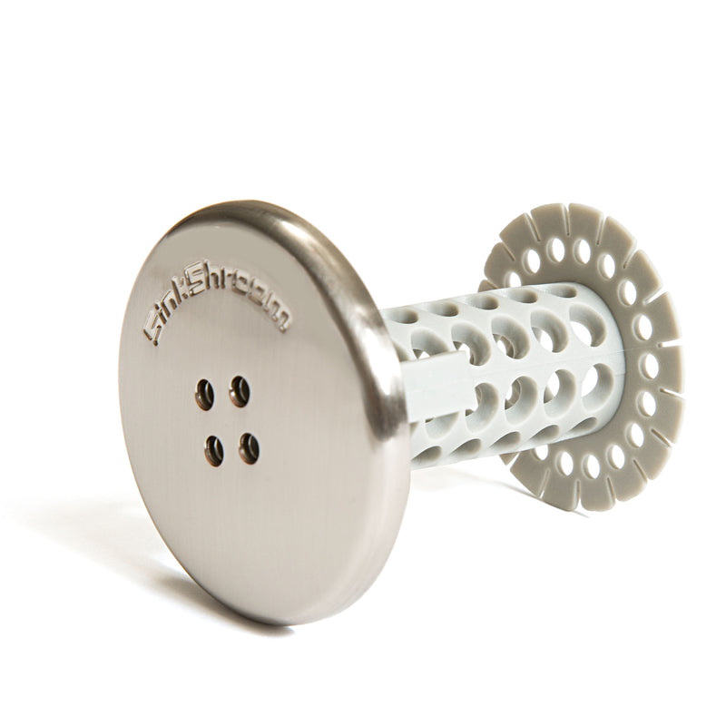Emery Jensen SinkShroom Nickel hair strainers designed to catch hair and debris in bathroom drains.