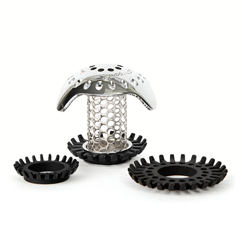 Emery Jensen SinkShroom Ultra hair strainers in black, designed to catch hair debris and prevent drain clogs.