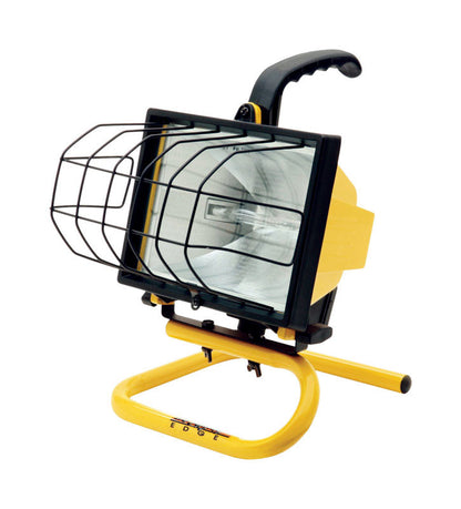 Emery Jensen 500W halogen work light with sturdy metal stand and bright illumination for construction or workshop use.