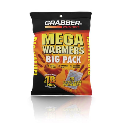 Emery Jensen Mega Warmer 10-pack hand and foot warmers, portable heat packs for cold weather, shown in a pack of ten.
