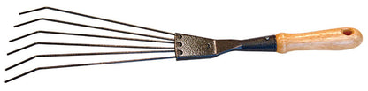 Emery Jensen 20-inch hand rake for shrub gardening, with a comfortable handle and durable tines for soil and debris removal.