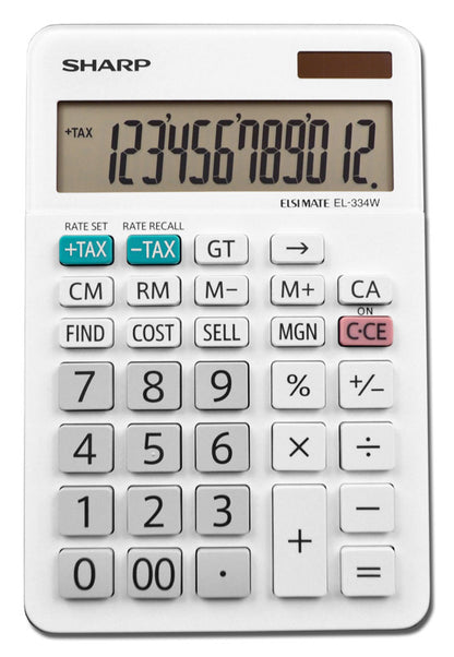 White 12-digit hand-held calculator by Emery Jensen with large display and basic functions for quick calculations.
