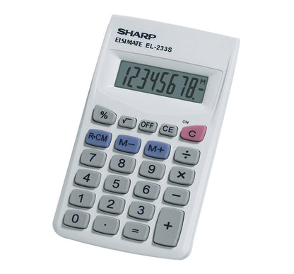 White 8-digit handheld calculator from Emery Jensen with large display and basic calculation functions.