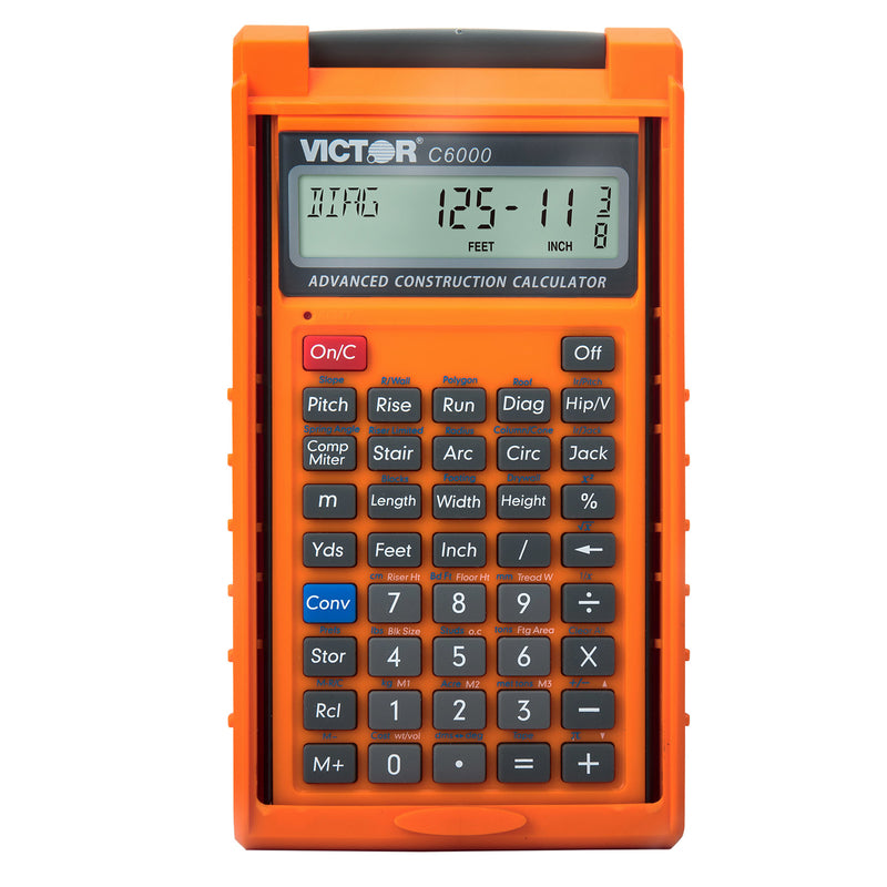 Emery Jensen CONSTRU C6000 handheld calculator with large display and solar panel for construction and engineering tasks.