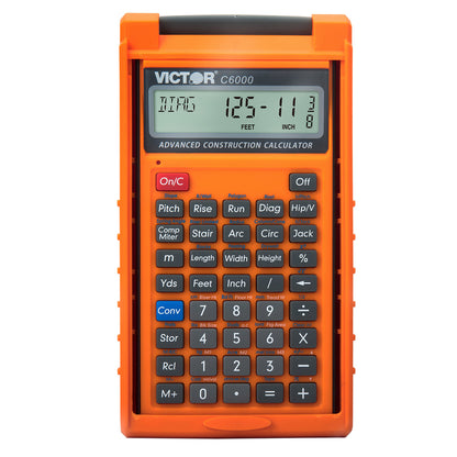 Emery Jensen CONSTRU C6000 handheld calculator with large display and solar panel for construction and engineering tasks.