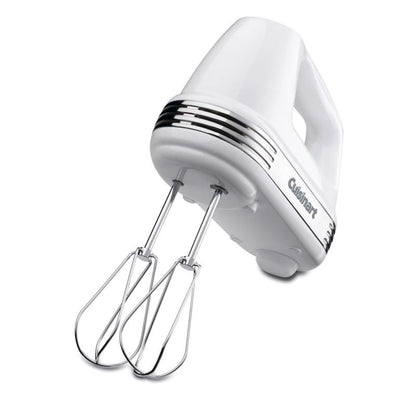 Emery Jensen hand mixer in white with 5 speed settings and 8-inch beaters, ideal for mixing and baking tasks.