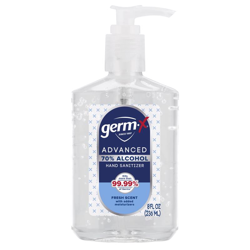 Emery Jensen ADVNC Hand Sanitizers in 8oz bottles, pack of 6, with clear label and pump dispenser for hand hygiene.