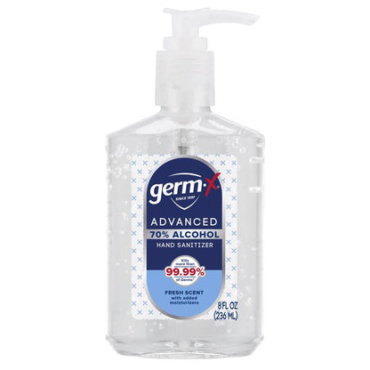 Emery Jensen ADVNC Hand Sanitizers in 8oz bottles, pack of 6, with clear label and pump dispenser for hand hygiene.