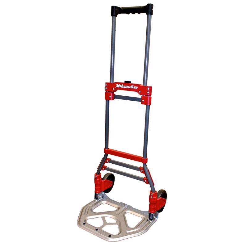 Emery Jensen fold-up hand truck with 150lb capacity, lightweight aluminum frame and ergonomic handle for easy transport.