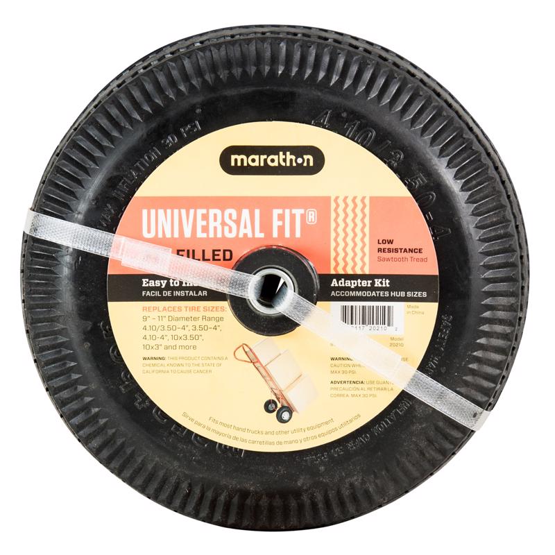 Emery Jensen pneumatic universal hand truck tire with black rubber tread and metal wheel hub, designed for durable warehouse use.