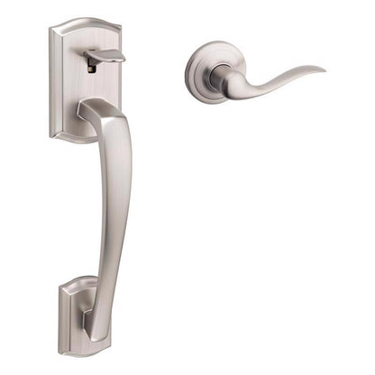 Emery Jensen satin nickel entry handle set with modern lever handles and matching faceplate for door installation.