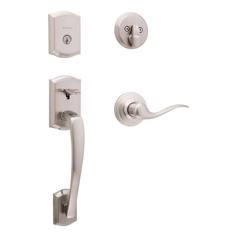 Emery Jensen satin nickel handle set with door levers and matching hardware for entry doors.