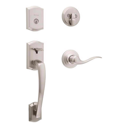 Emery Jensen satin nickel handle set with door levers and matching hardware for entry doors.