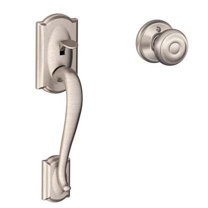Emery Jensen FE285 Camelot x Georgian handle set with brushed nickel finish, featuring elegant, classic door handles and hardware.
