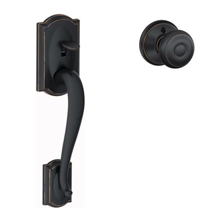 Emery Jensen Schlage FE285 Camelot X handleset with brass finish and keyhole for front door security.