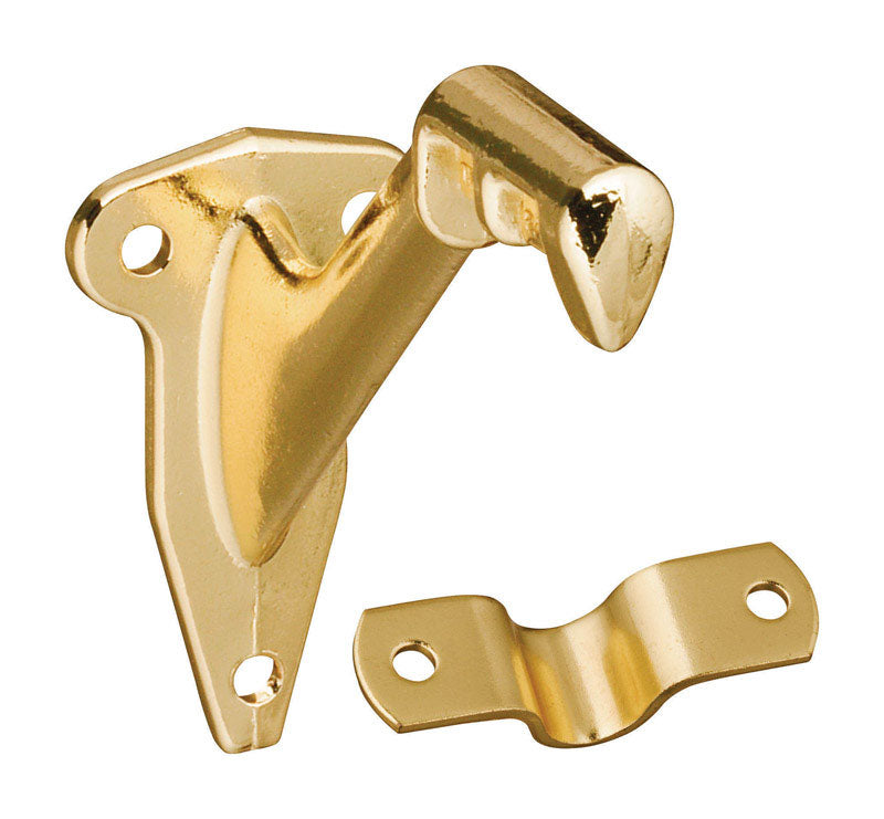 Brass handrail bracket by Emery Jensen for securing handrails to walls, shown mounted on a wall in the image.