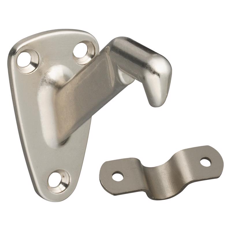 Emery Jensen handrail brackets in satin nickel finish, designed for 3/16-inch diameter handrails, mounted on a wall.