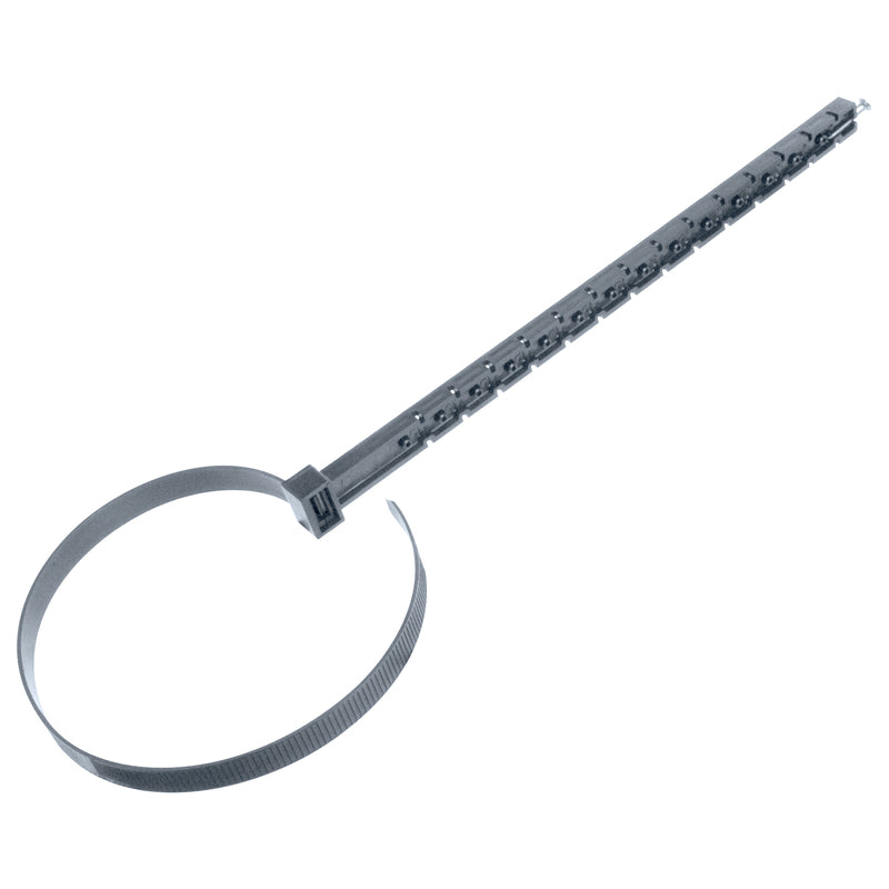 Gray 14-inch pipe hanger from Emery Jensen, used for securing pipes with durable hanger and strap design.