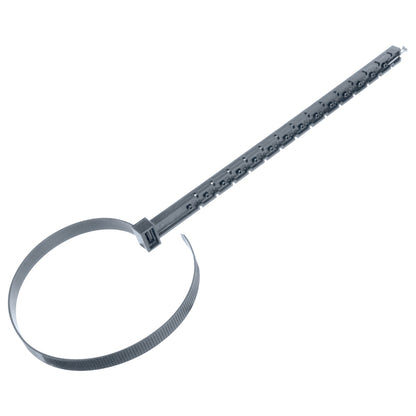 Gray 14-inch pipe hanger from Emery Jensen, used for securing pipes with durable hanger and strap design.