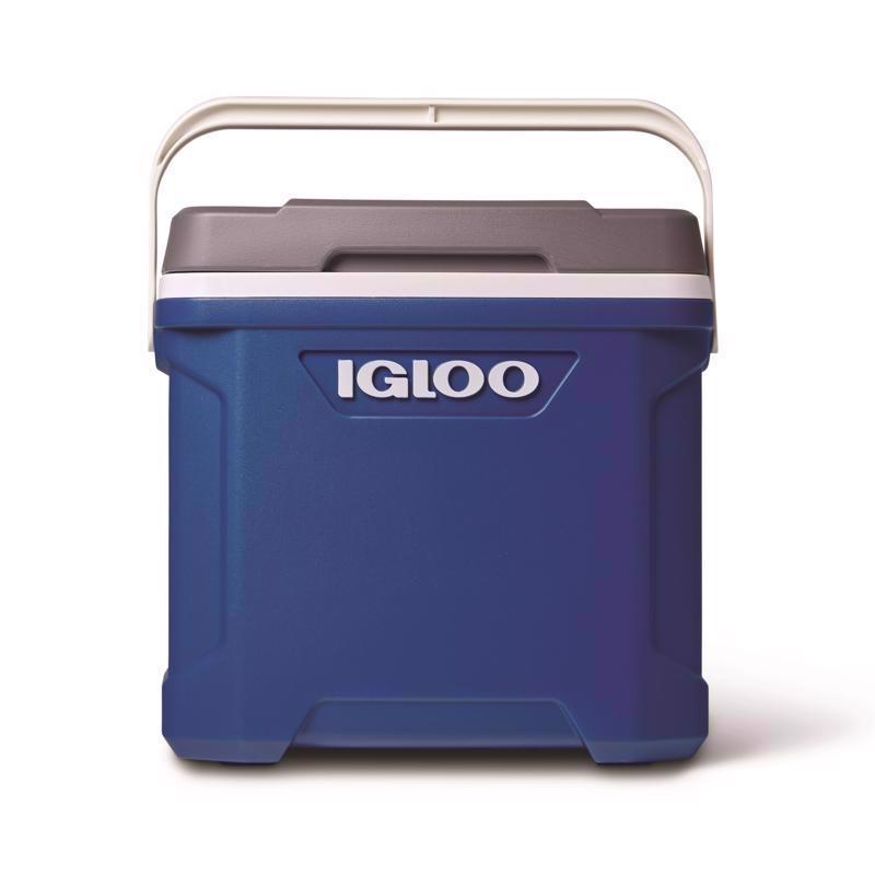 Blue Emery Jensen 30QT hard-sided cooler with sturdy plastic construction and secure lid for keeping items cold.