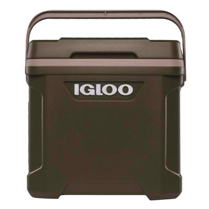 Emery Jensen 30QT green hard-sided cooler with sturdy design, insulated for keeping beverages and food cold.