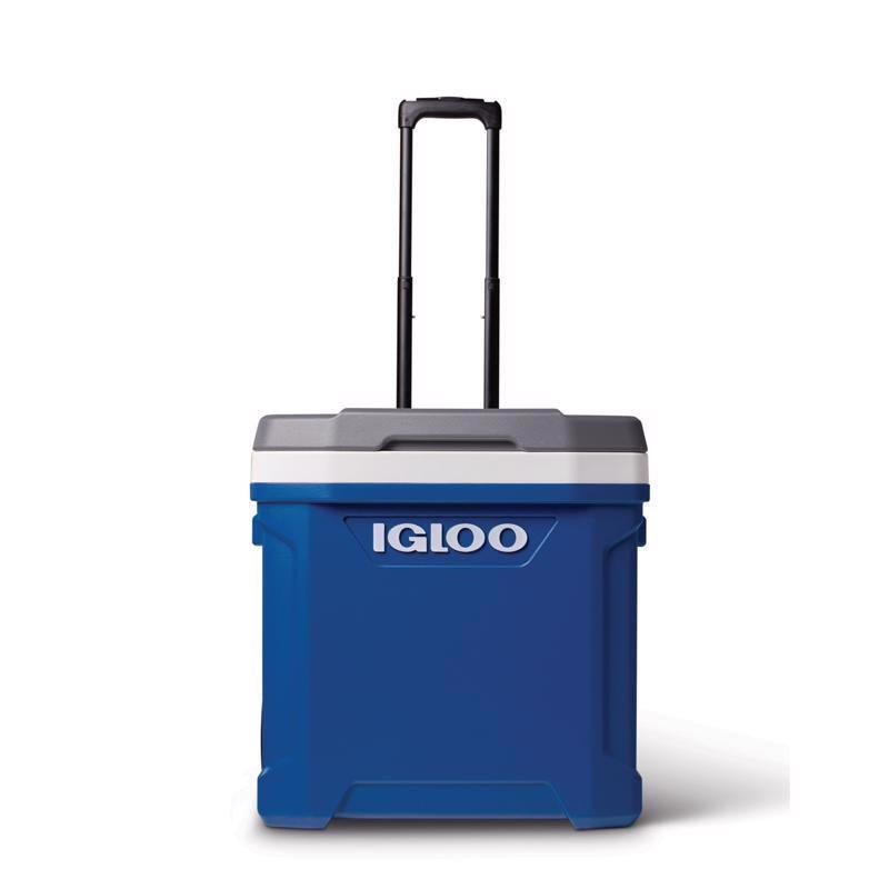 Emery Jensen 60QT blue hard-sided cooler with roller wheels, sturdy handle, and secure lid for outdoor cooling and storage.