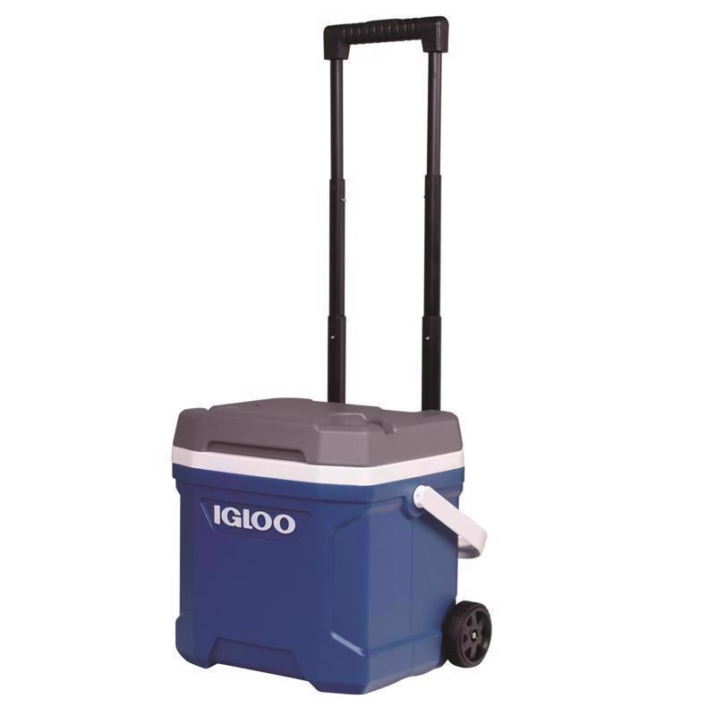 Emery Jensen 16QT blue and gray hard-sided cooler with insulated walls for keeping food and drinks cold.