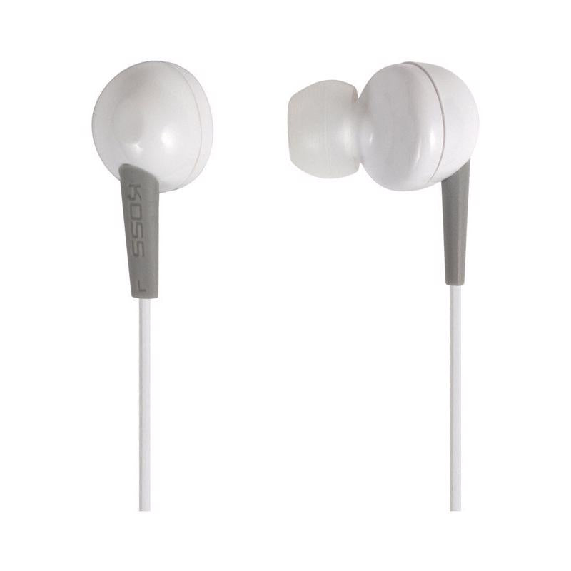 White Emery Jensen in-ear earbuds with sleek design, compact headphones ideal for portable listening.