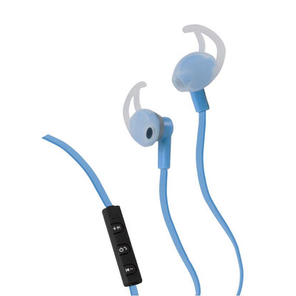 Wireless blue earphones from Emery Jensen, compact earphone design with in-ear fit and built-in wireless connectivity.