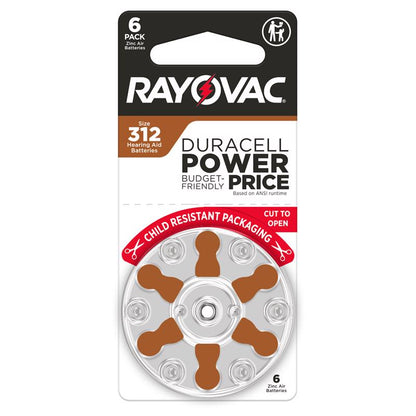 Six-pack of Emery Jensen RV HRNG AID BTRY 312 hearing aid batteries, compact and reliable power source for hearing aids.