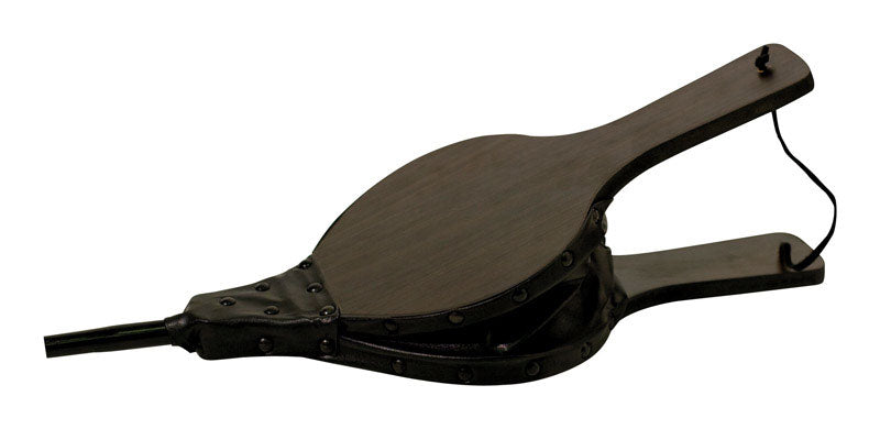 Large Emery Jensen fireplace bellows for hearth, with wooden handle and leather nozzle, used for stoking fires.
