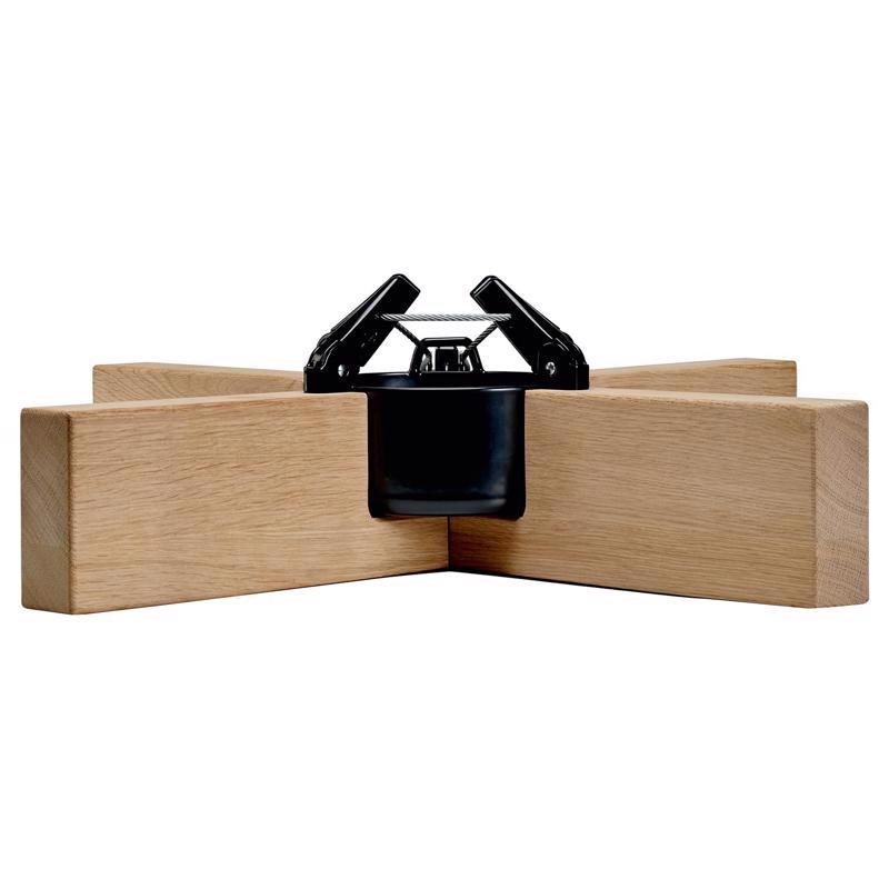 Emery Jensen heavy-duty Christmas tree stand with metal and wood construction, designed for stable and secure tree support.