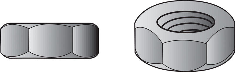 Emery Jensen HEX FIN nut USS 5/16-18, shown in a box of 100, with a close-up of the threaded, hexagonal shape.