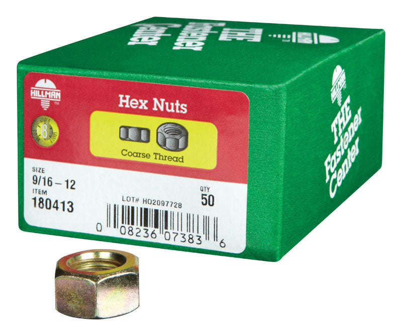 Emery Jensen GR8 hex nut, 9/16-12 size, shown in a close-up image with a metallic finish, packaged in a box of 50.