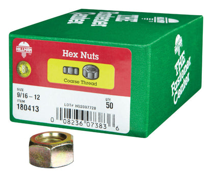Emery Jensen GR8 hex nut, 9/16-12 size, shown in a close-up image with a metallic finish, packaged in a box of 50.