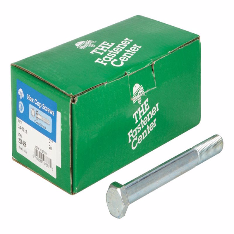Emery Jensen Grade 5 coarse hex bolt, 3/4 inch diameter, 10 NC threads, 8-inch length, box of 20 bolts on a white background.