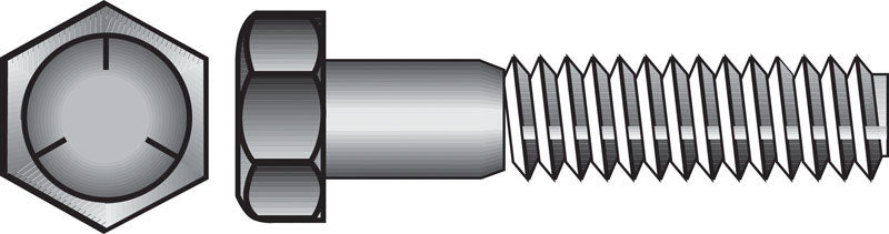 Emery Jensen hex grade 5 coarse bolt, 1/4 inch by 3/2 inch, showing the threaded metal surface and hex head.