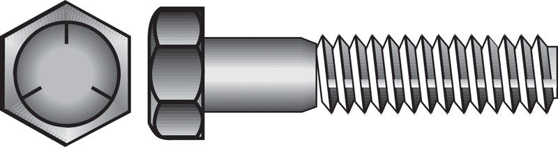 Emery Jensen hex grade 5 coarse bolt, 7/16 inch diameter, 6 inches long, shown in close-up detail.