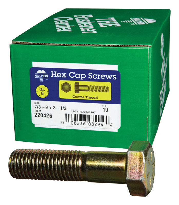 Emery Jensen Grade 8 coarse hex bolt, 7/8 inch diameter, 9 threads per inch, 3.5 inch length, with a 10-pack, high-strength hardware