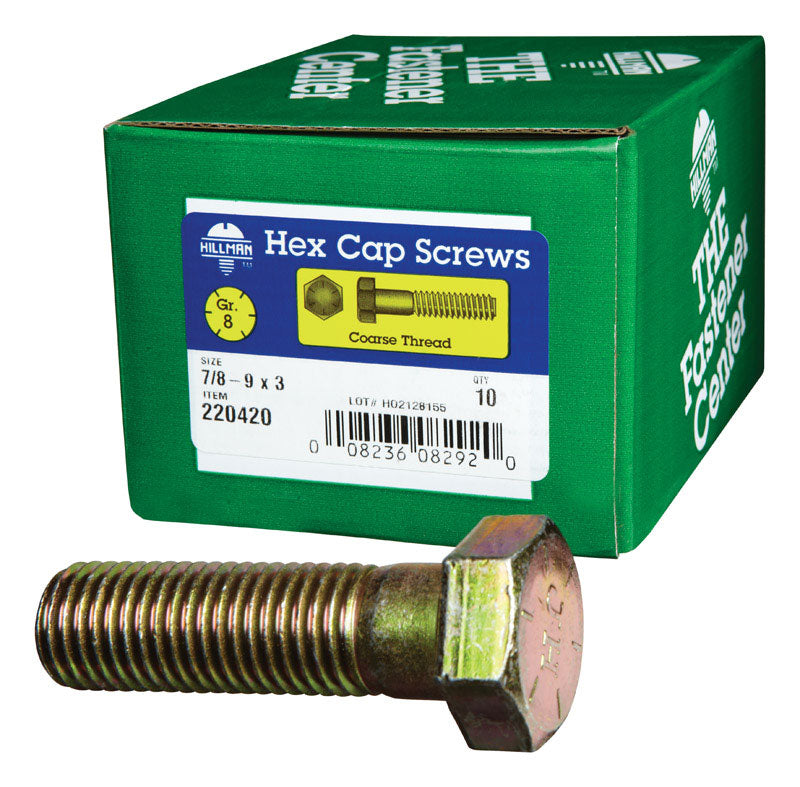 Emery Jensen Grade 8 coarse hex bolt, 7/8 inch diameter, 9 NC thread, 3-inch length, in a box of 10.