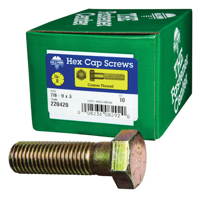 Emery Jensen Grade 8 coarse hex bolt, 7/8 inch diameter, 9 NC thread, 3-inch length, in a box of 10.