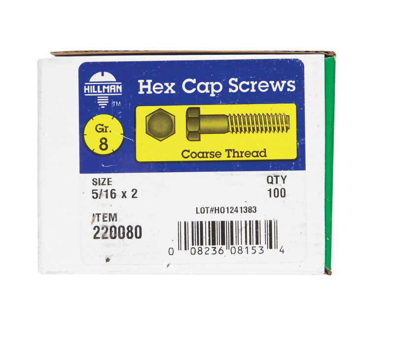Emery Jensen Grade 8 Coarse Hex Bolt, 5/16 inch diameter, 2 inches long, with a yellow zinc finish on a white background.