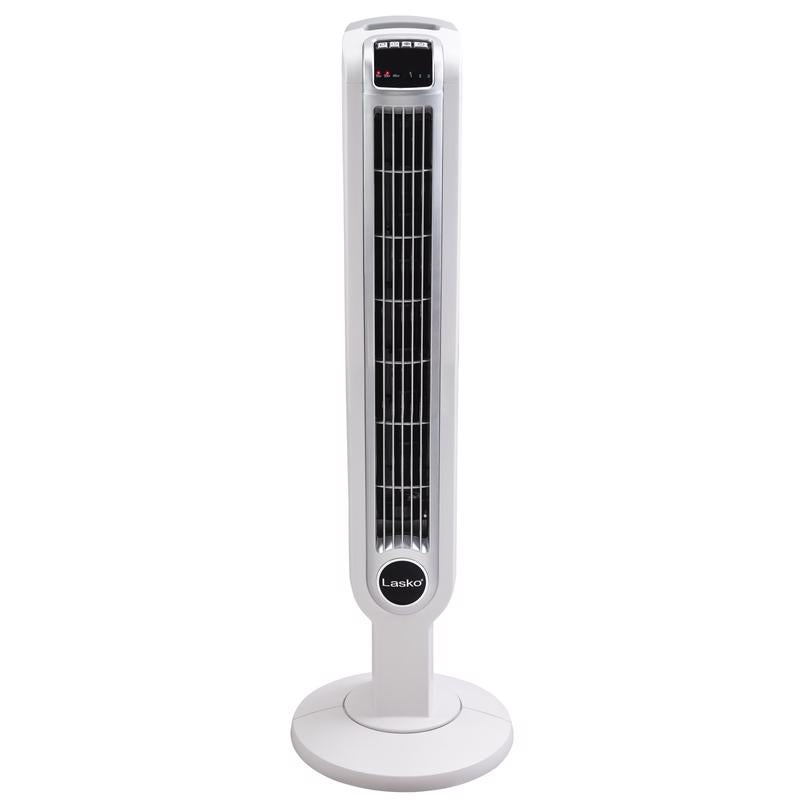 Emery Jensen 36-inch high velocity tower fan with remote control, sleek design, and adjustable height for cooling and airflow.
