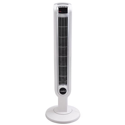Emery Jensen 36-inch high velocity tower fan with remote control, sleek design, and adjustable height for cooling and airflow.