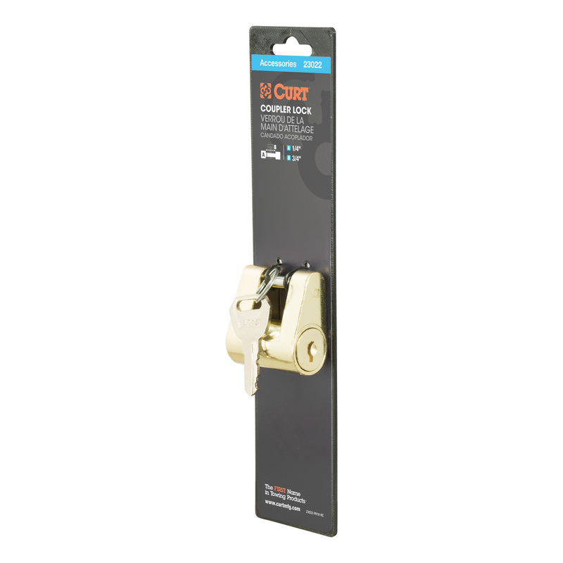 Brass 2-inch coupler lock for hitch ball towing by Emery Jensen, securing trailer connections and towing accessories.